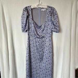 Lost + Wander blue purple floral puff sleeve midi dress medium
